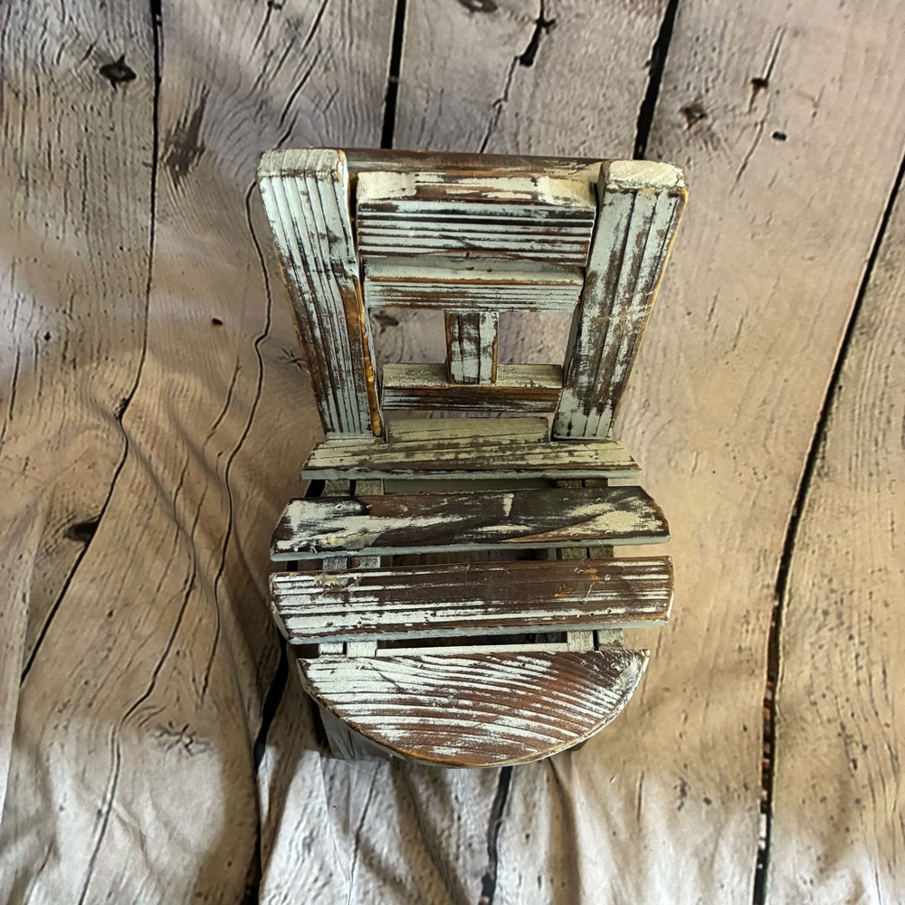 Small Mini Distressed Wooden Rustic Farmhousr Doll Teddy Bear Tiered Chair 13” - Picture 2 of 7